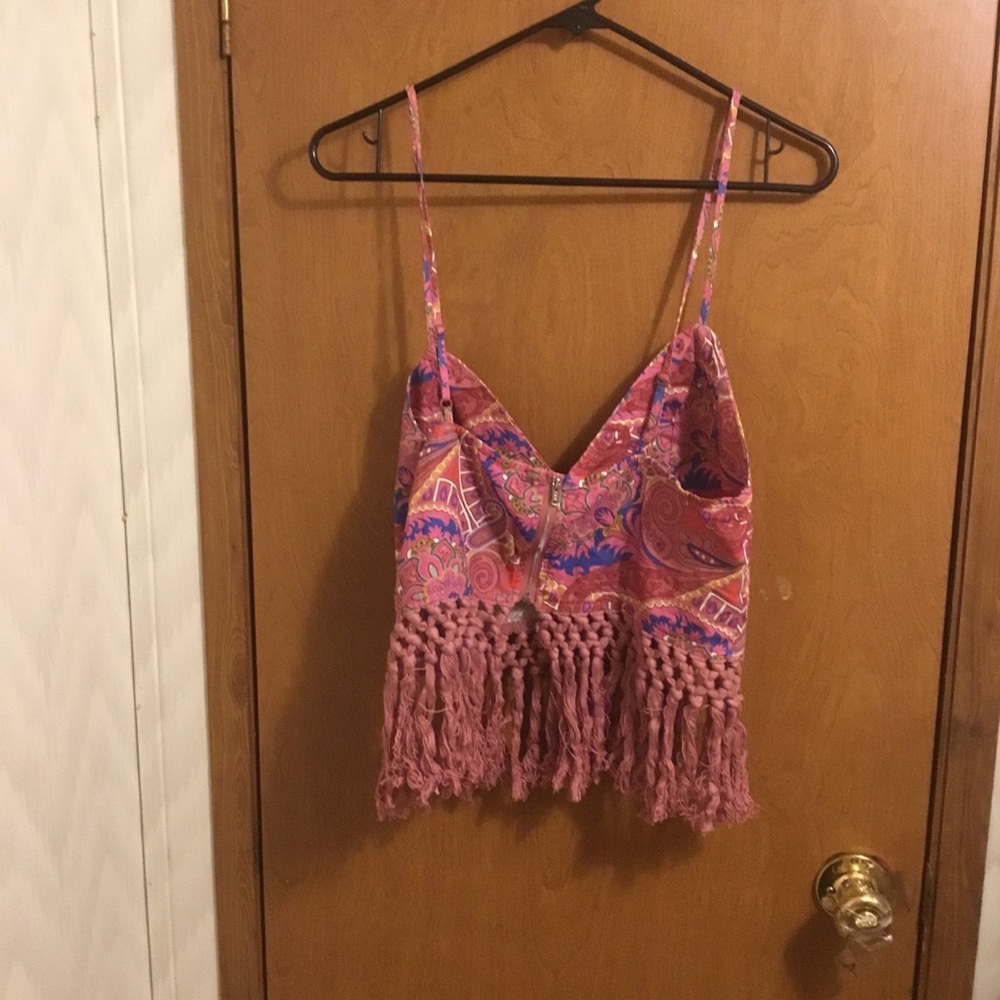 Shein Bohemian Paisley Floral Print Zipper Back Fringe Hem Cami Top L - Picture 6 of 7